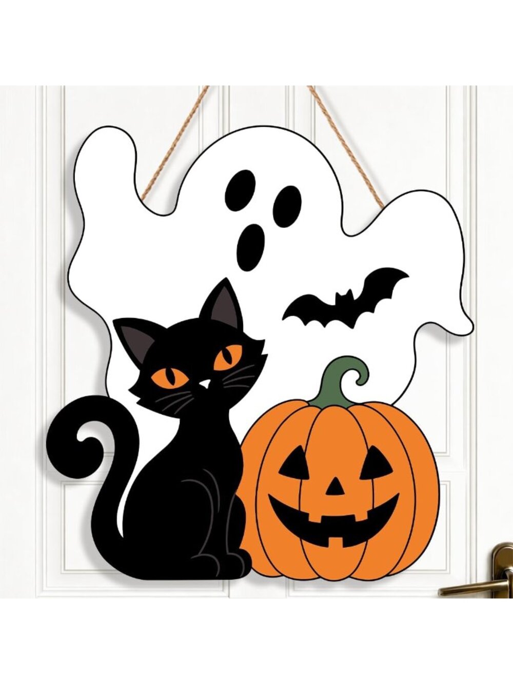 Halloween Ghost Wreath for Front Door Wooden Black Bat Cat Pumpkin Door Decor